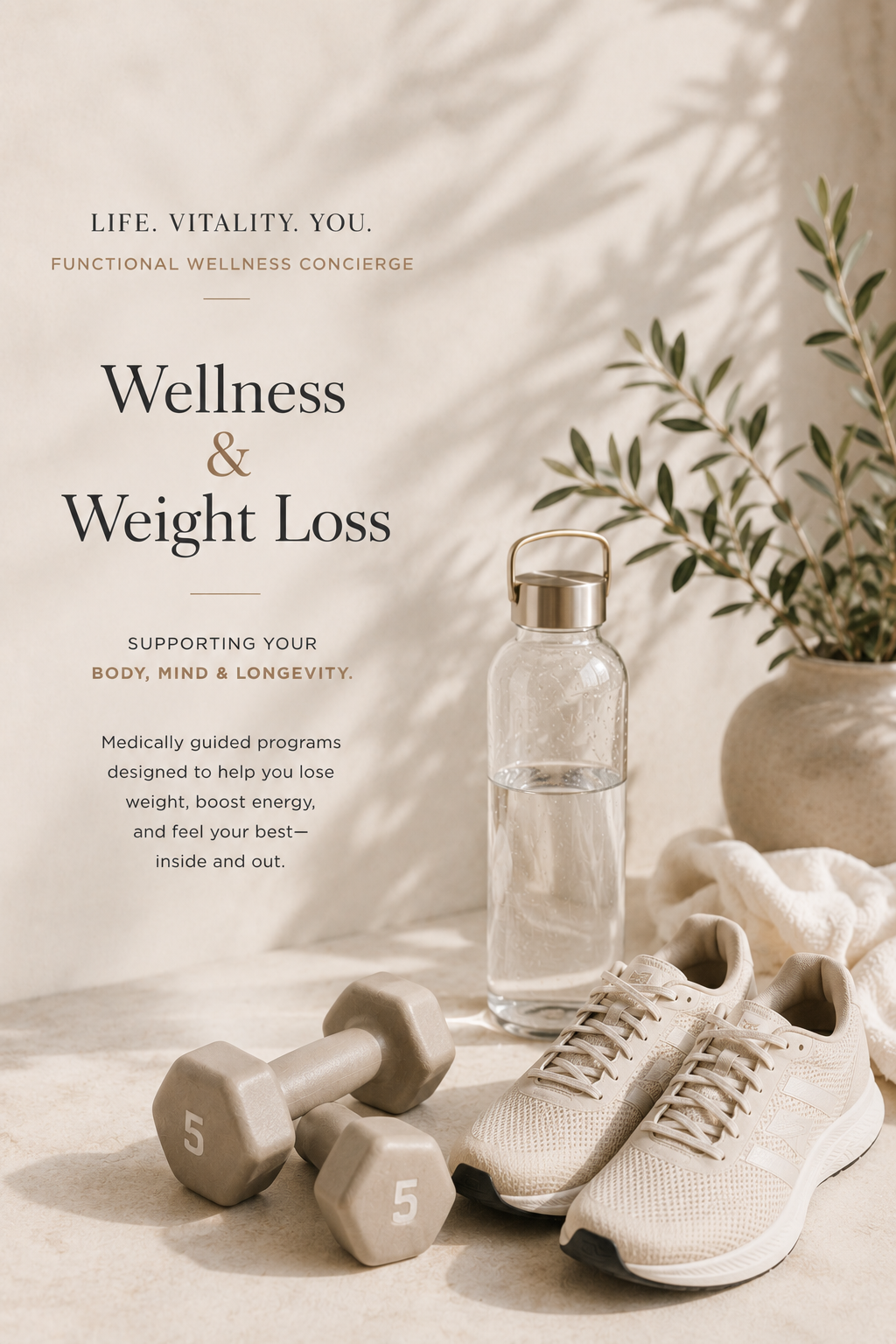 Promotion for wellness and weight loss programs featuring a water bottle, pair of athletic shoes, and a pair of dumbbells, with a potted plant in the background.