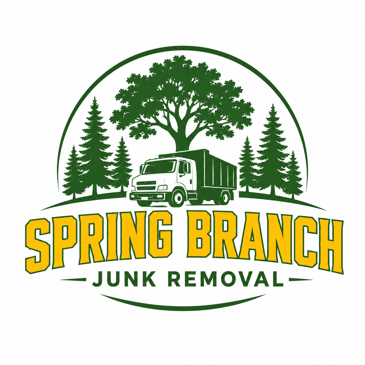 Logo for Spring Branch Junk Removal featuring a green tree, pine trees, a truck, and the text 'Spring Branch Junk Removal' in yellow and green.