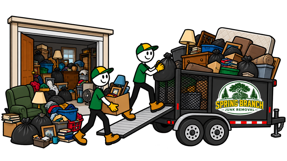 Spring Branch Junk Removal crew carrying boxes and household items from a property to a trailer