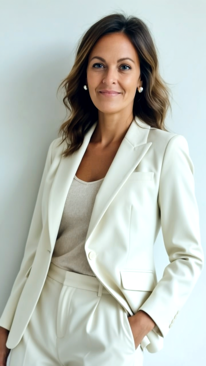 Woman with wavy brown hair wearing a cream-colored suit and pearl earrings, standing against a plain wall.