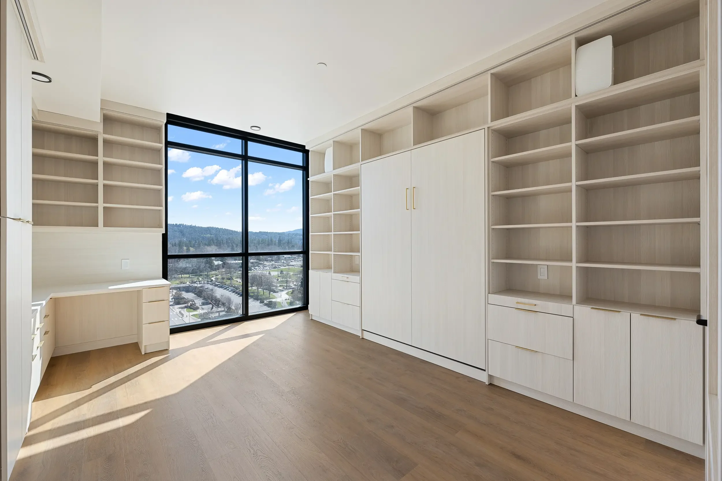 Empty room with large windows showing a landscape of trees and hills, white built-in shelves and cabinets, and light-colored hardwood floors.