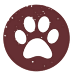 A dark red circle with a black paw print in the center.