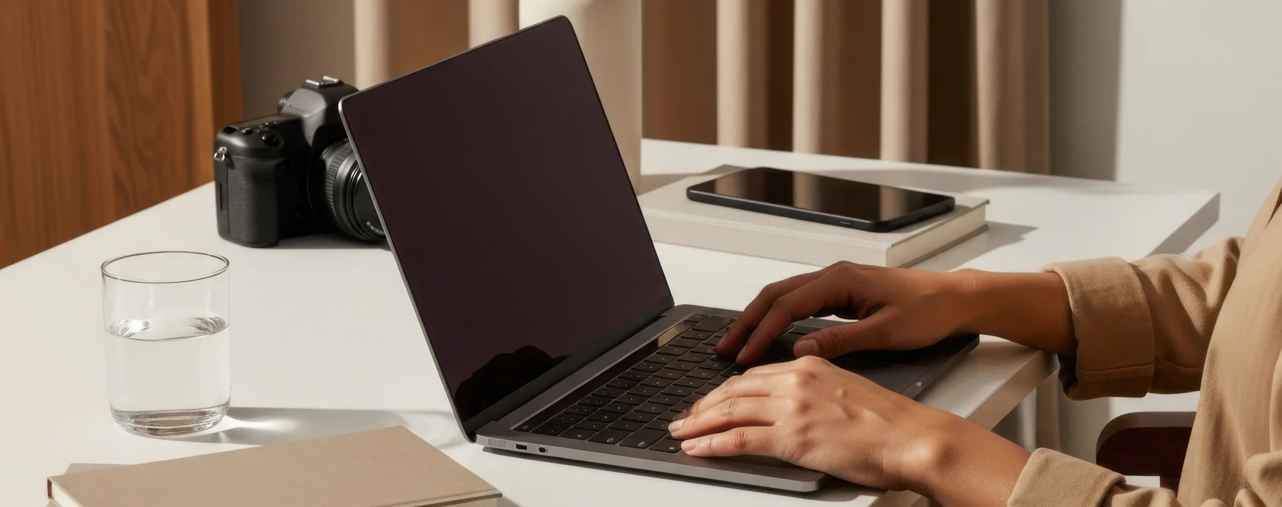 Person typing on a laptop with a glass of water, camera, smartphone, and books on the desk.