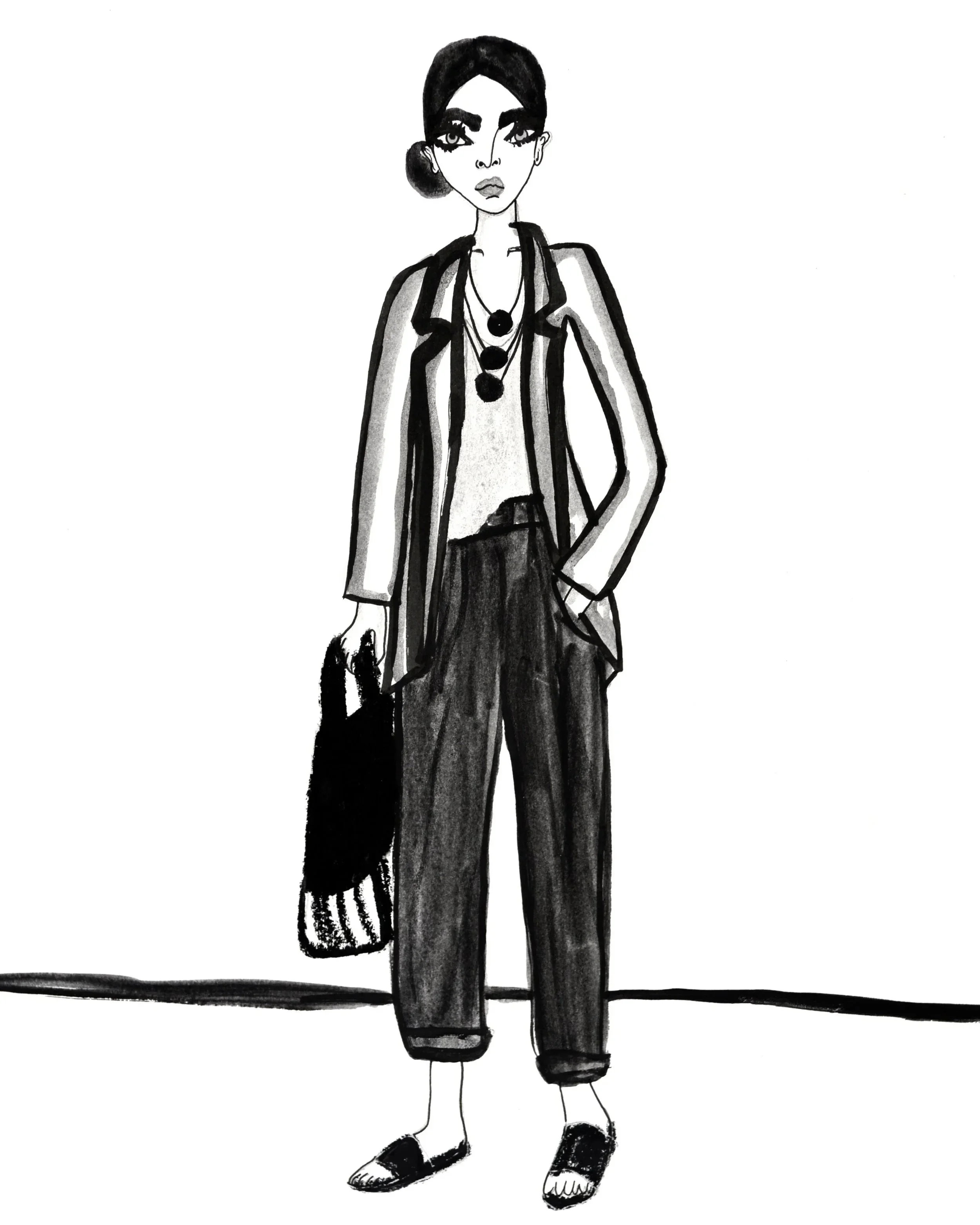 Black and white fashion illustration of a woman standing on a platform, wearing wide leg pants, a long blazer, layered necklaces with large circular pendants, and open-toe shoes, with short hair styled back.