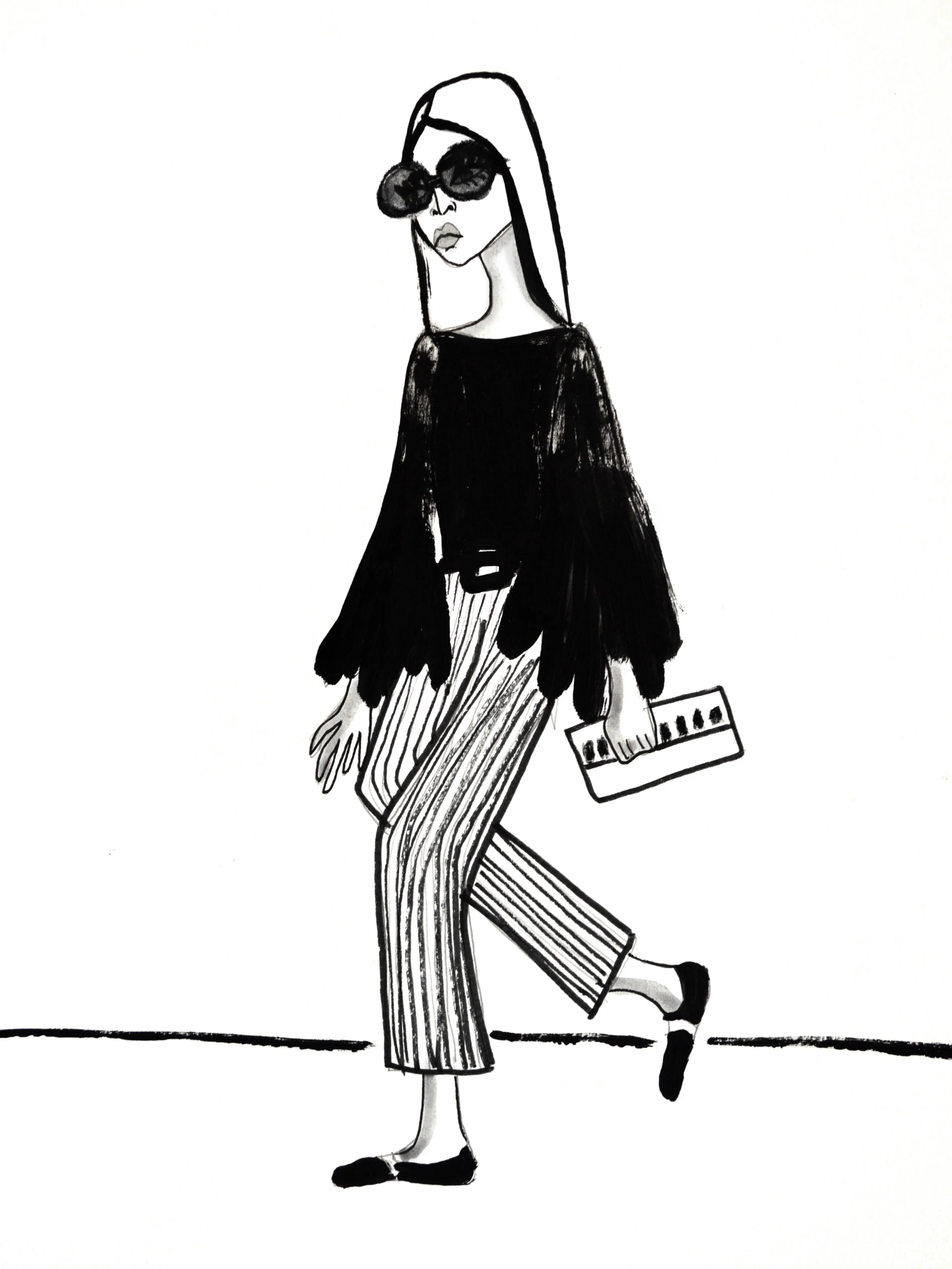 A black and white fashion illustration of a woman wearing large sunglasses, a black top, and striped wide-leg pants. She is carrying a handbag and wearing flat shoes.
