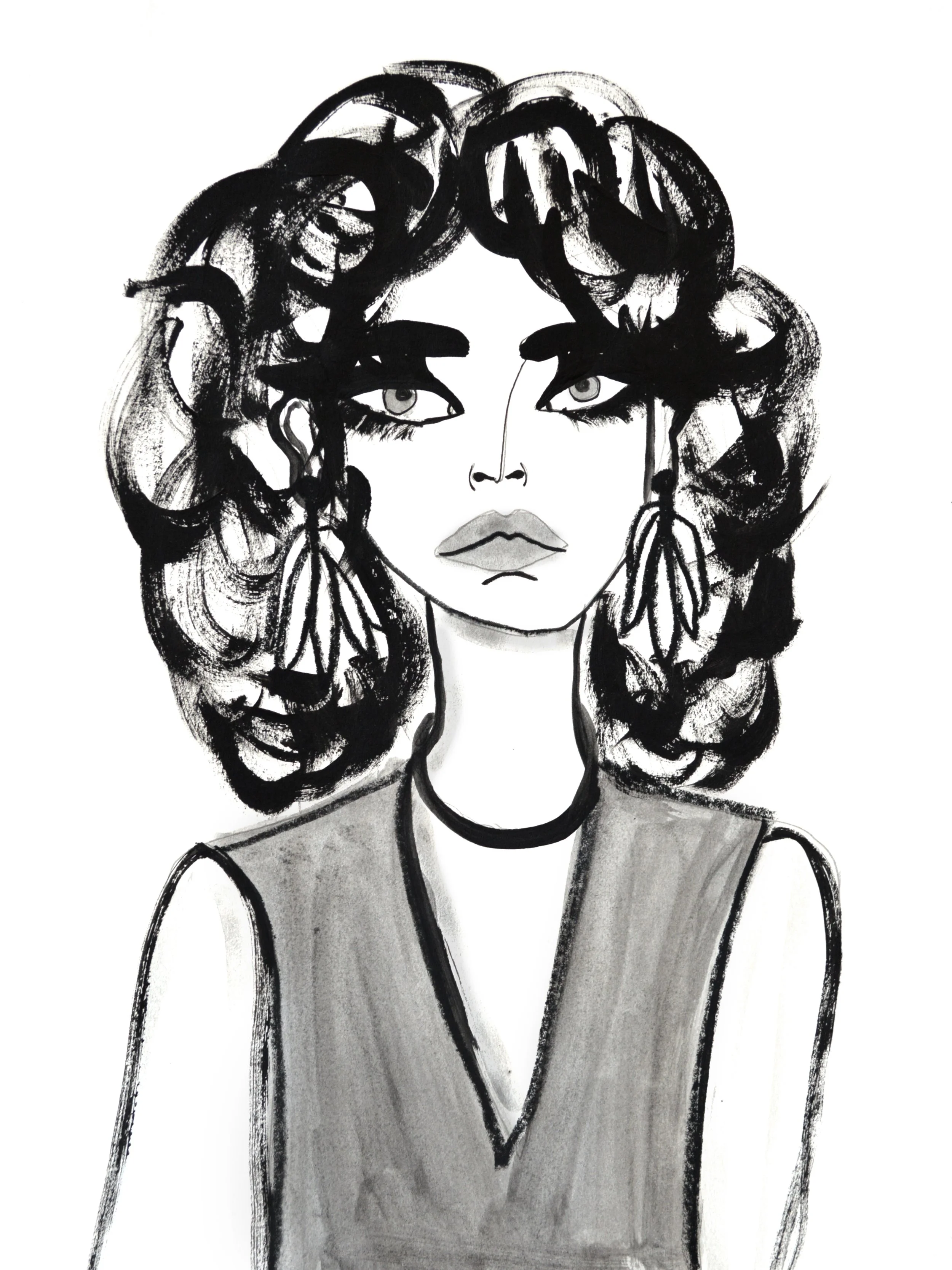 Black and white abstract portrait of a woman with curly hair, intense eyes, and full lips wearing a sleeveless top.
