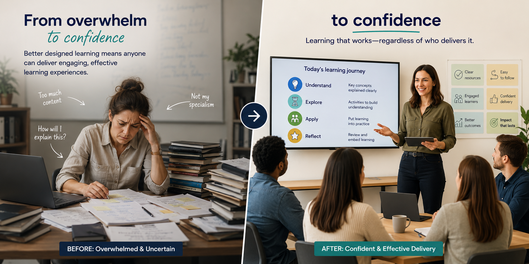 Side-by-side comparison of a woman overwhelmed with papers and a woman confidently giving a presentation to a group of colleagues. The first scene shows her stressed at her cluttered desk, and the second shows her confident presenting with a screen titled 'Today's learning journey' and four steps: Understand, Explore, Apply, Reflect, in a modern classroom setting.