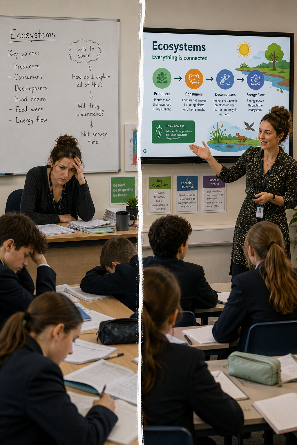 A classroom with students listening to a teacher presenting information about ecosystems on a digital screen. The left side shows students looking bored or confused with notebooks and textbooks, while the right side displays an engaging presentation about ecosystems with colorful illustrations.