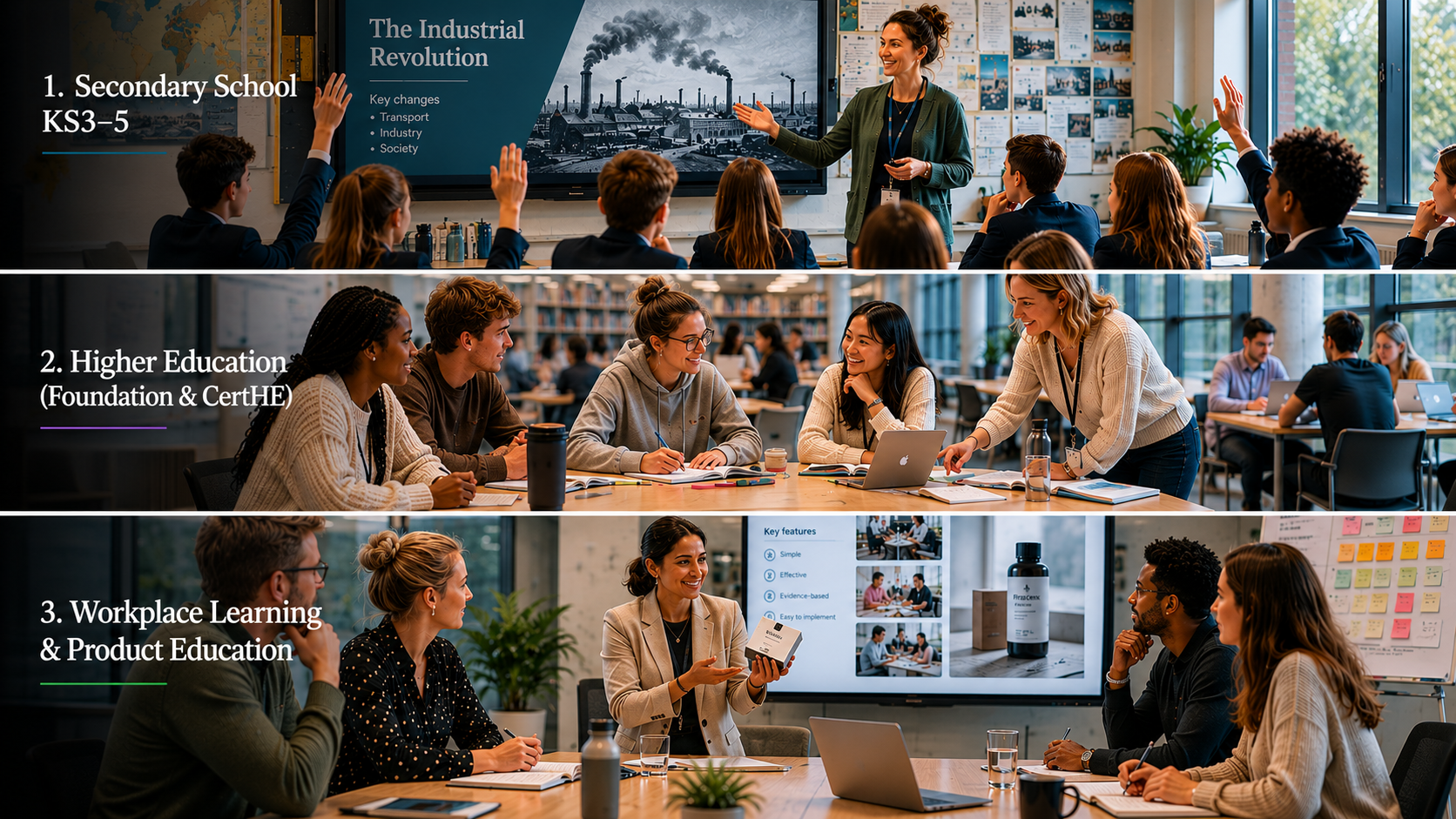 Three scenes of educational settings: a classroom presentation, university students in a library, and a business meeting, illustrating secondary school, higher education, and workplace learning respectively.