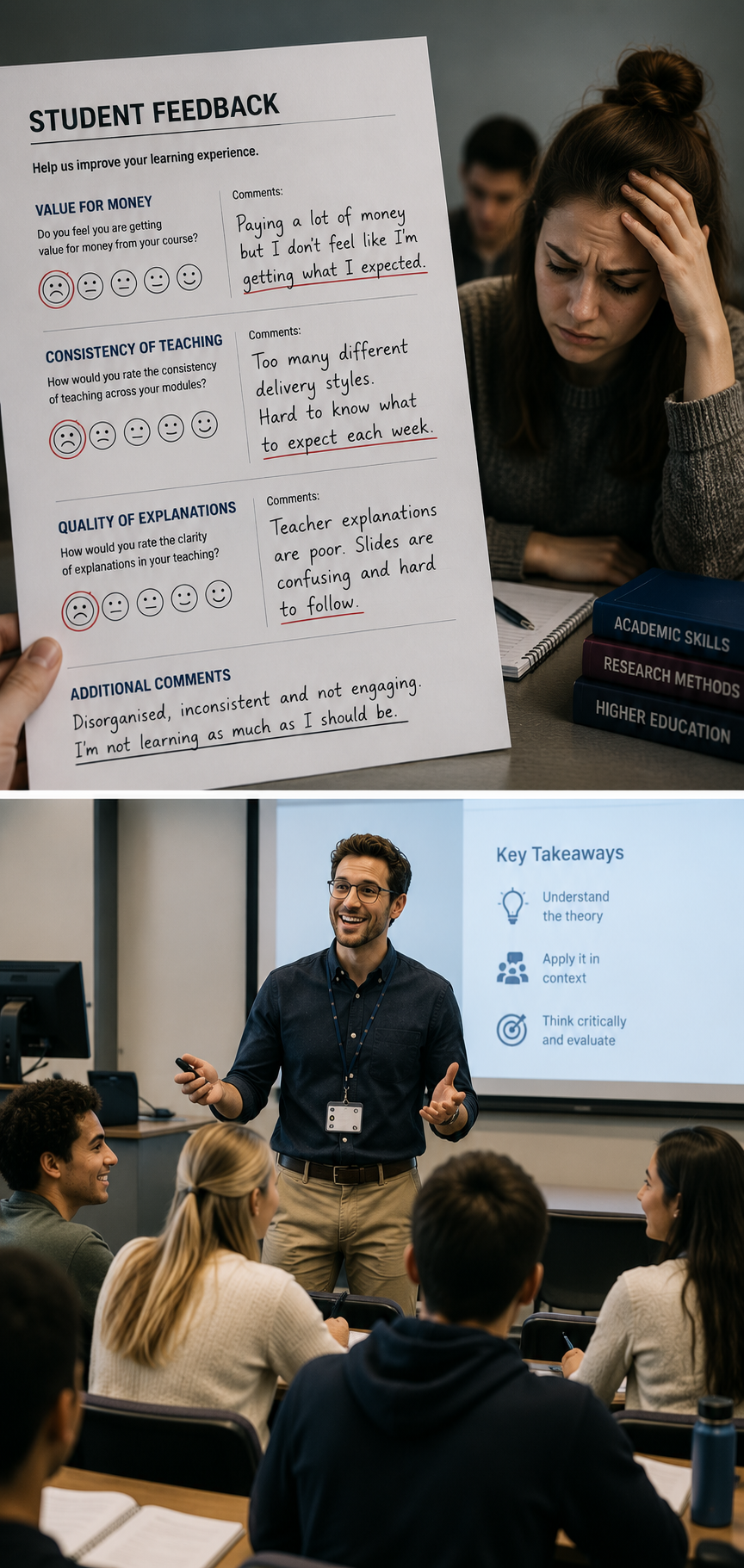 Top image shows a woman holding a student feedback form with negative ratings and comments about a course. Bottom image shows a male lecturer giving a presentation to a classroom of students, with key takeaways displayed on a screen.