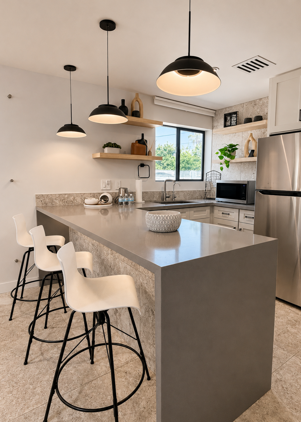 Modern kitchen area at Green Orange Studio, a North Phoenix creative studio rental with bar seating, natural light, and styled content-ready details.