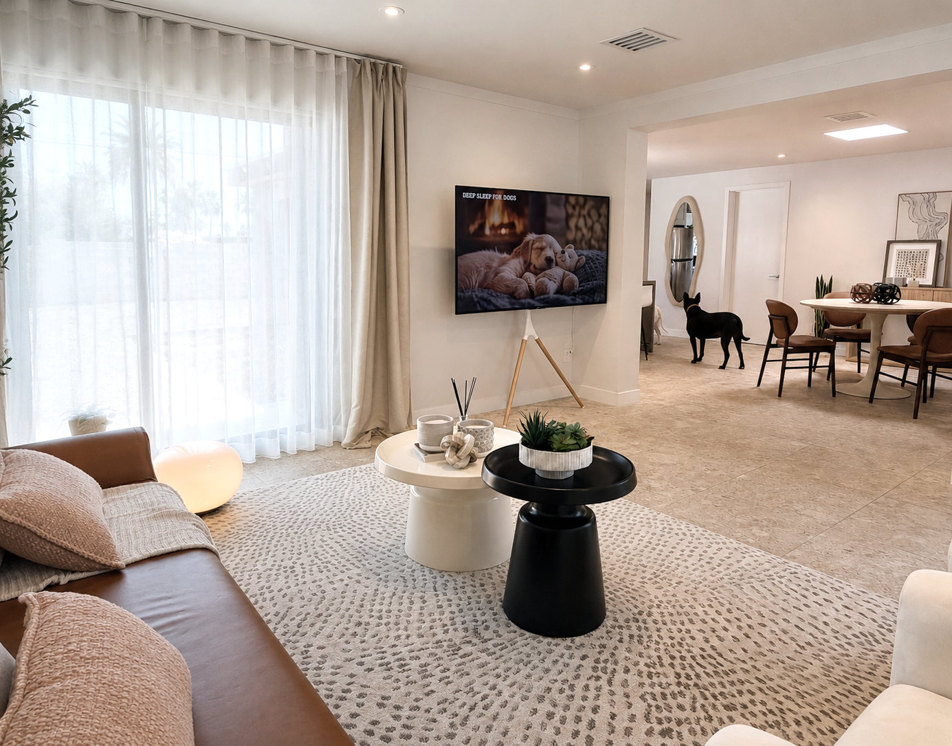 Pet-friendly North Phoenix studio rental with cozy living room seating, natural light, dining area, and flexible space for photoshoots, meetings, or content creation.