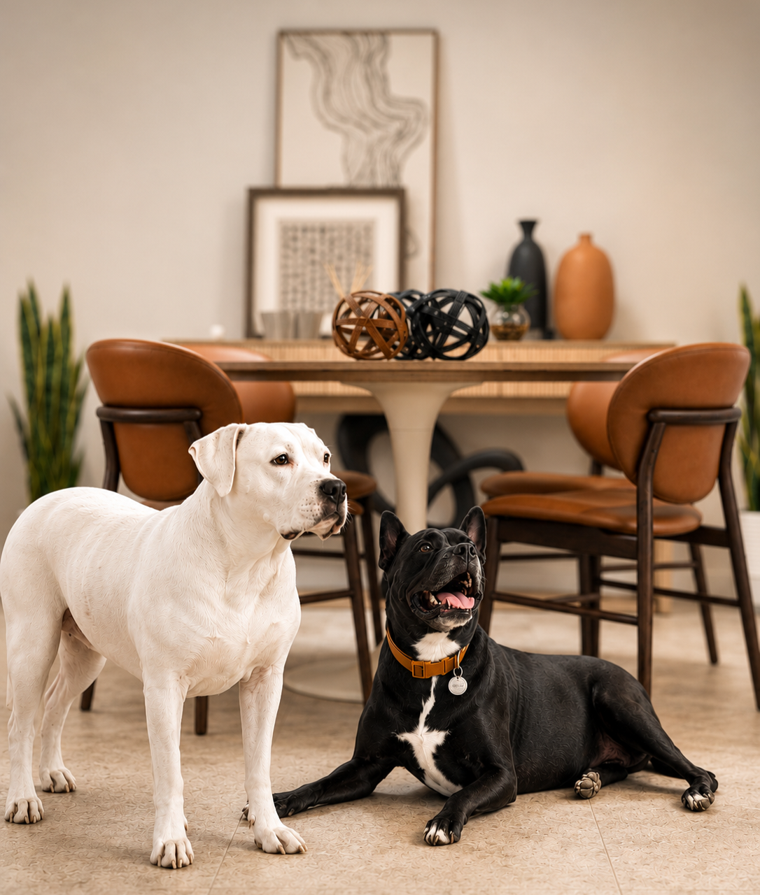 Two dogs in a dining room, one white and one black, sitting on a beige tile floor, with a wooden dining table and chairs in the background decorated with vases and artwork.