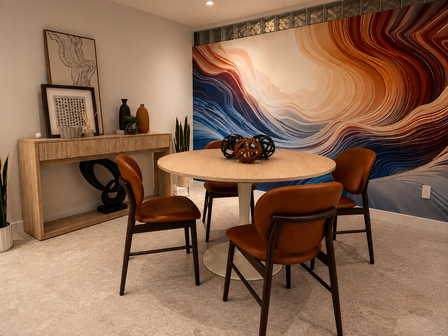 A modern dining room featuring a round light wood table with four brown leather chairs, decorative sculptures on the table, abstract wall art, and a wooden sideboard with framed artwork and vases, against a large colorful wave mural background.