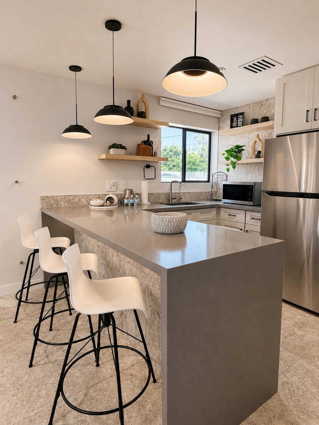 North Phoenix studio rental with modern kitchen island, white seating, pendant lighting, open shelves, and flexible space for branding content.