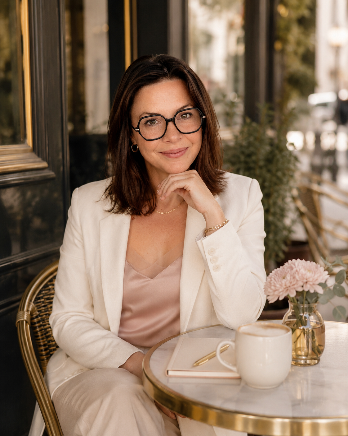 Sophisticated outdoor portrait of executive leadership coach gina patterson seated at an elegant cafe table with feminine neutral tones, gold accents, coffee, and soft natural light. executive coaching, confidence, emotional intelligence, human.