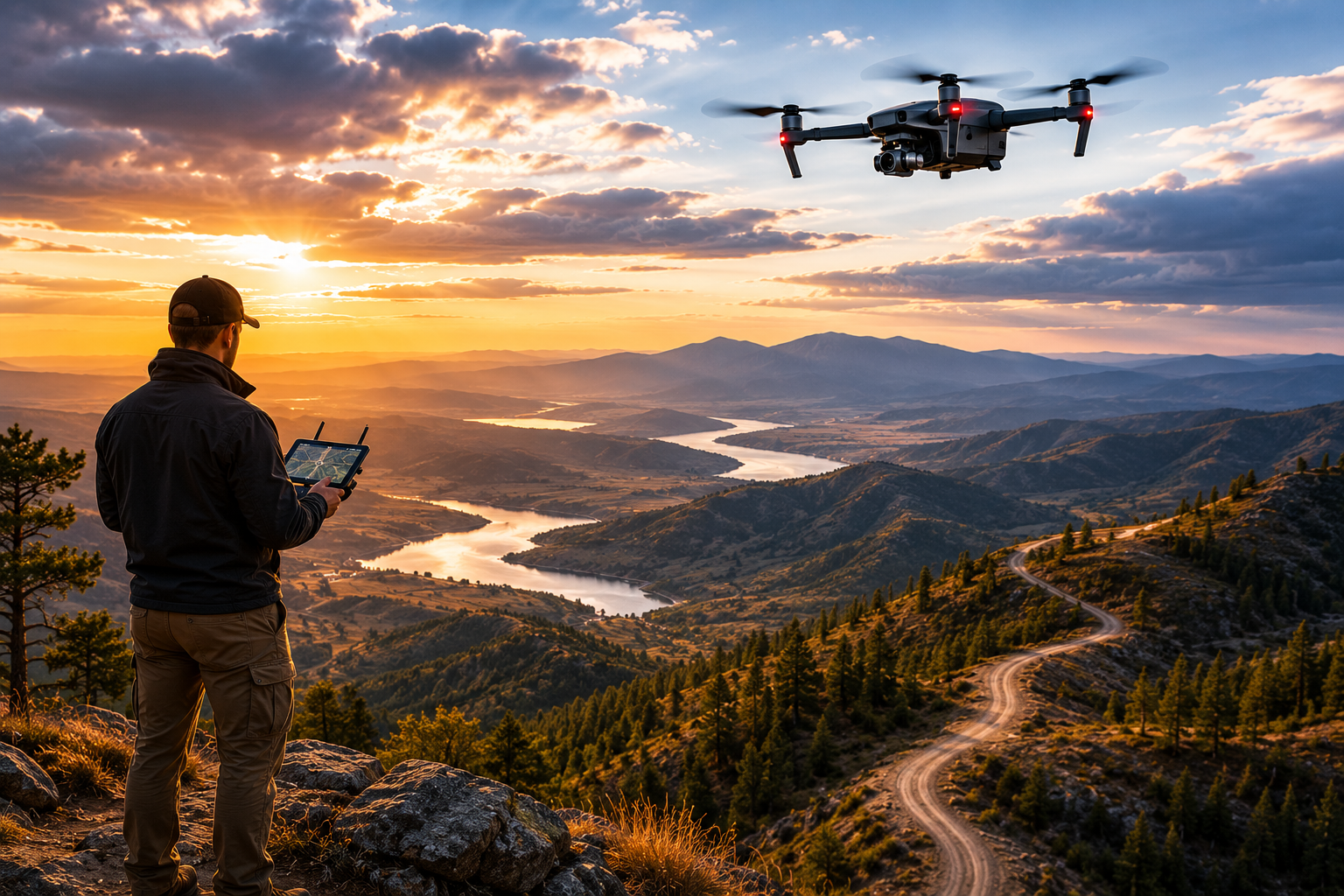 A person operating a drone with remote control in a mountainous area during sunset, overlooking a winding river and scenic landscape.