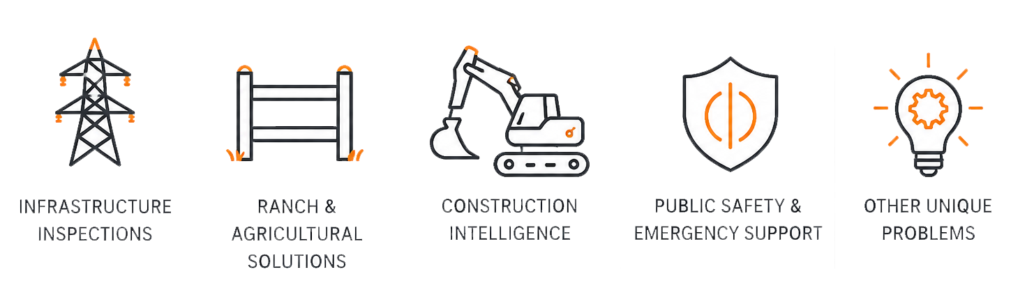 Illustration of infrastructure, construction, and public safety concepts, including a power line tower, rolling bridge, excavator, shield with a power symbol, and a lightbulb with gear. It is accompanied by text about infrastructure, inspections, automation, intelligence, emergency support, and troubleshooting.