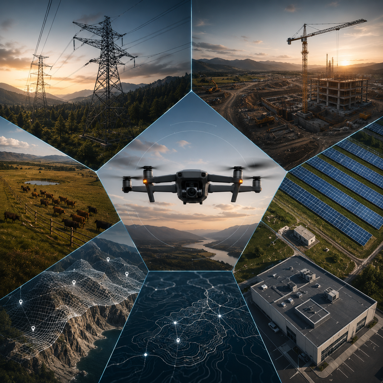 A collage of scenes showing different infrastructure and technology: power lines in a forest, a construction site with a crane, solar panels on a field, a drone flying over a landscape, animals on a farm, a mountain landscape, and digital data visualizations.