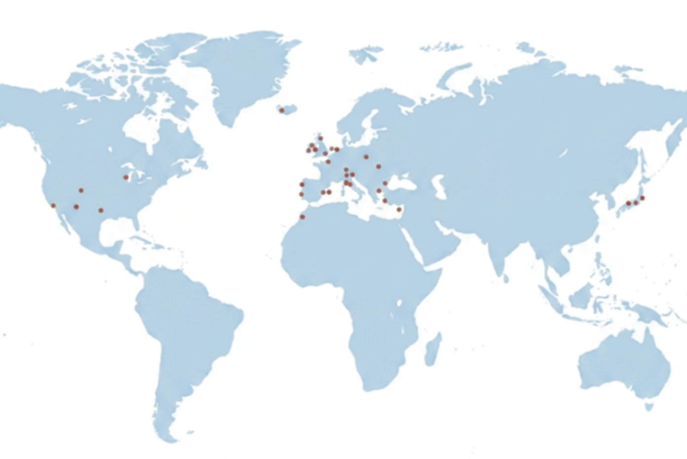 A world map showing multiple red dots primarily in Europe, with some dots in the United States, South America, Africa, and Asia, indicating specific locations.