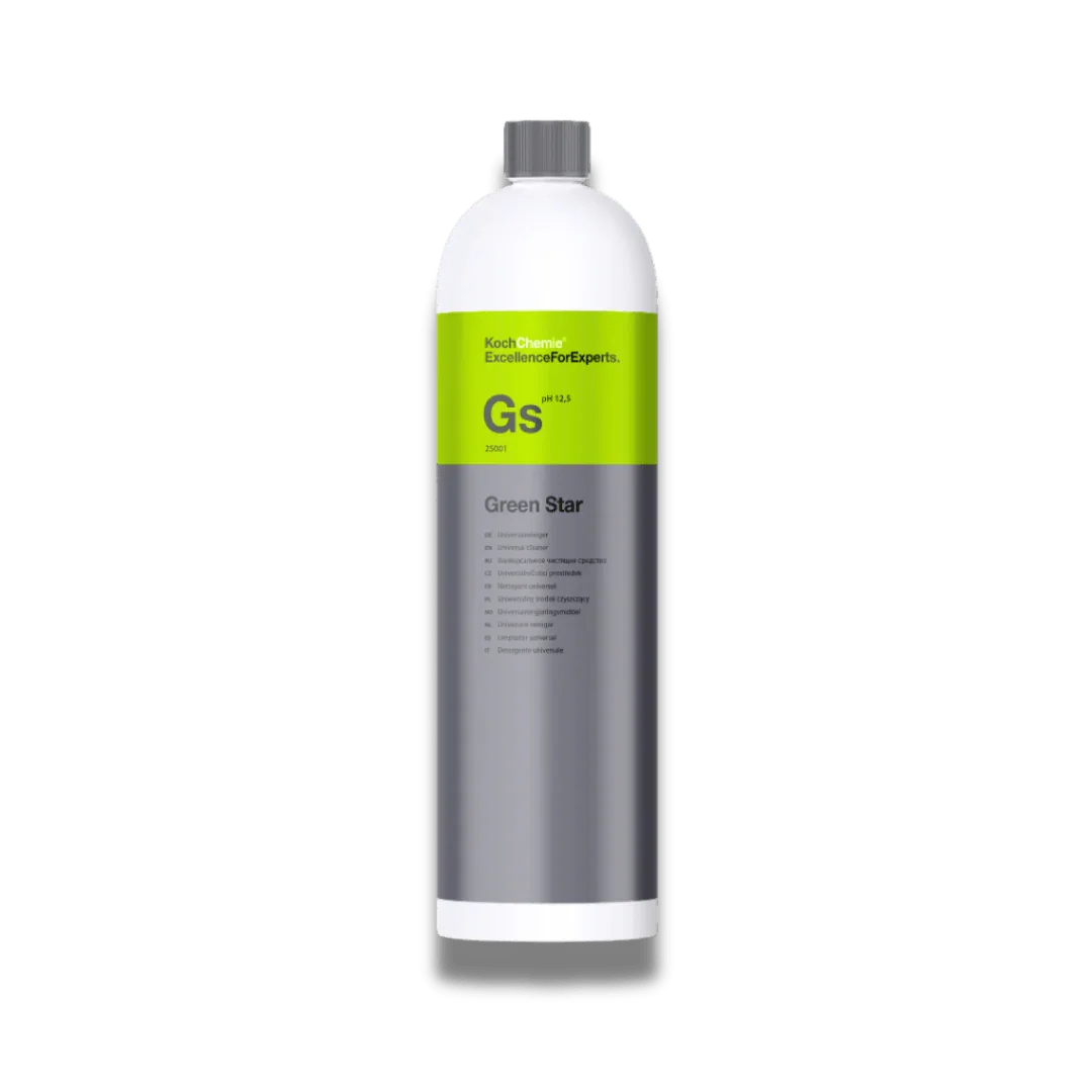 A tall black bottle with a white cap, containing Koch Chemie Green Star, a universal cleaner pH 12.5, with a green and silver label.