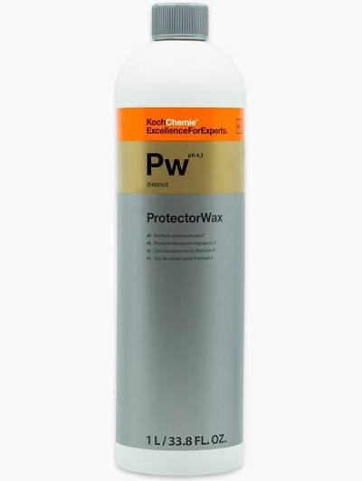1-liter bottle of Koch Chemie Protector Wax with white cap and predominantly gray label featuring orange, beige, and gray sections, labeled for automotive use.