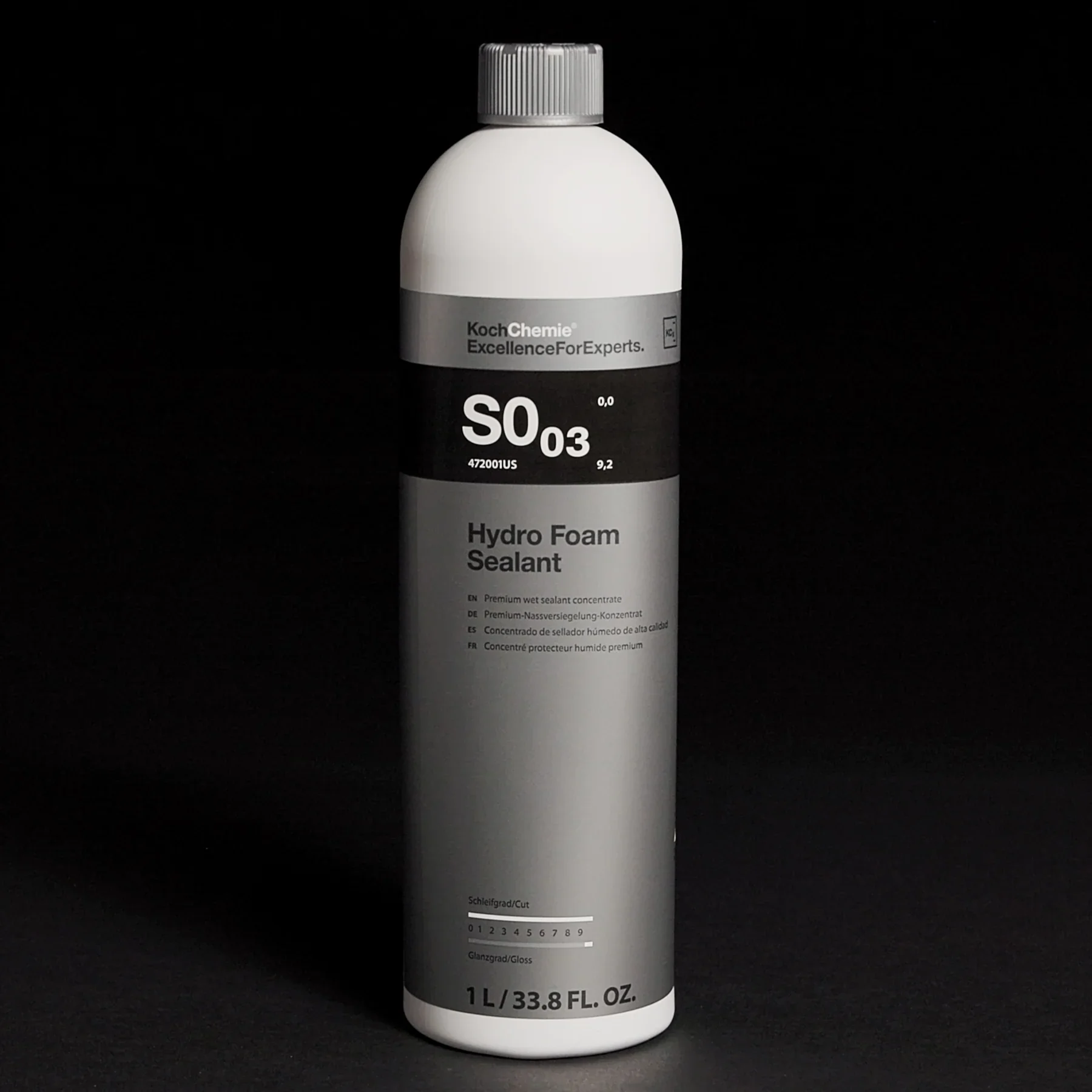 A white bottle of Koch Chemie Hydro Foam Sealant with a gray cap against a black background. The label displays chemical information and application instructions in multiple languages.