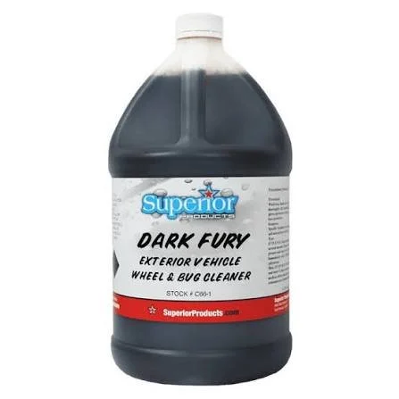 A large bottle of Superior Dark Fury exterior vehicle wheel and bug cleaner.