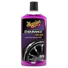 Bottle of Meguiar's Endurance Tire Gel with black cap and purple label featuring an image of a car tire.
