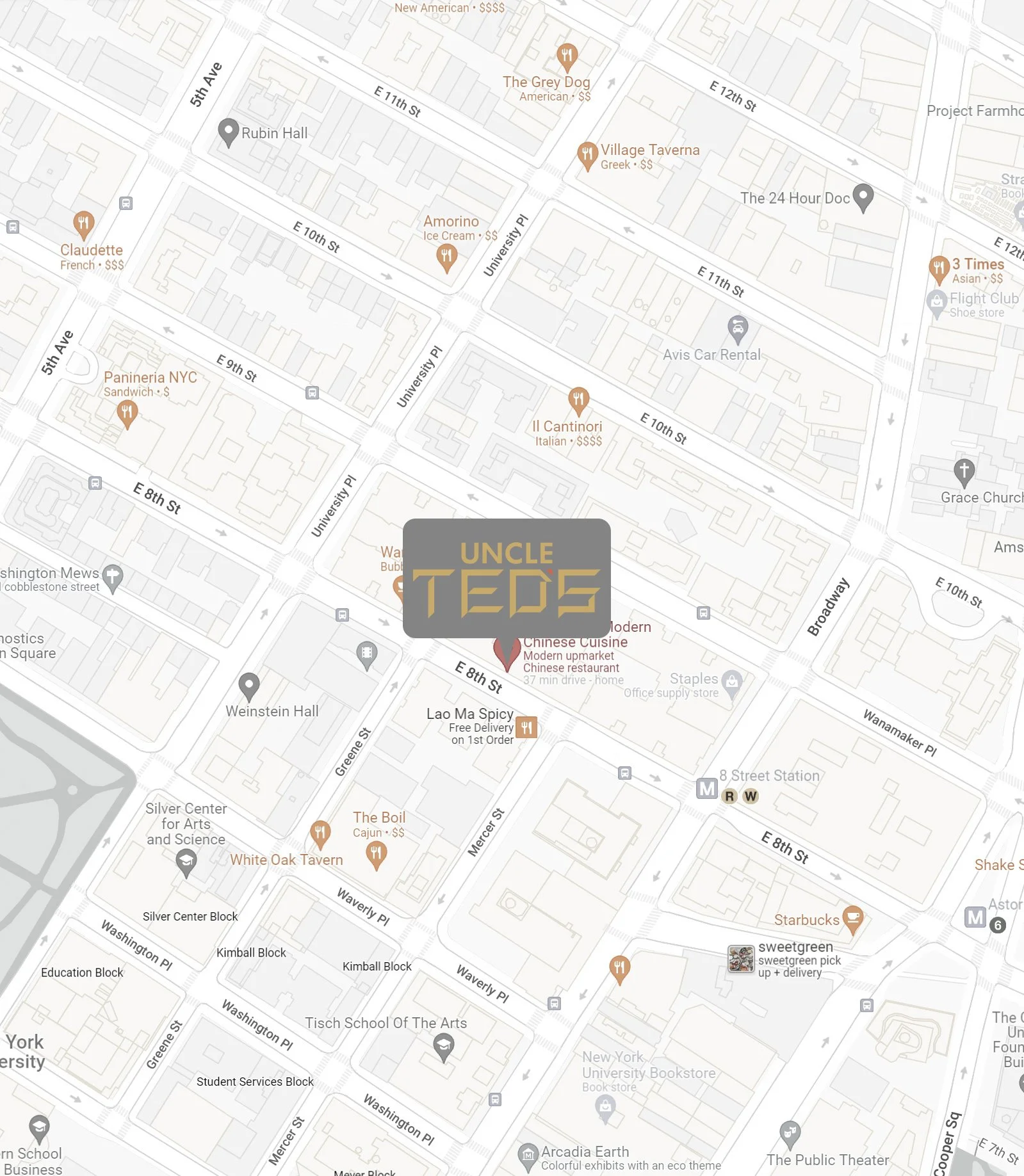 Map of a city area showing streets, restaurants like Uncle Teds and White Oak Tavern, and landmarks including Tisch School of the Arts, New York University Bookstore, and Arcadia Earth. A label for Uncle Teds is prominently placed in the center.