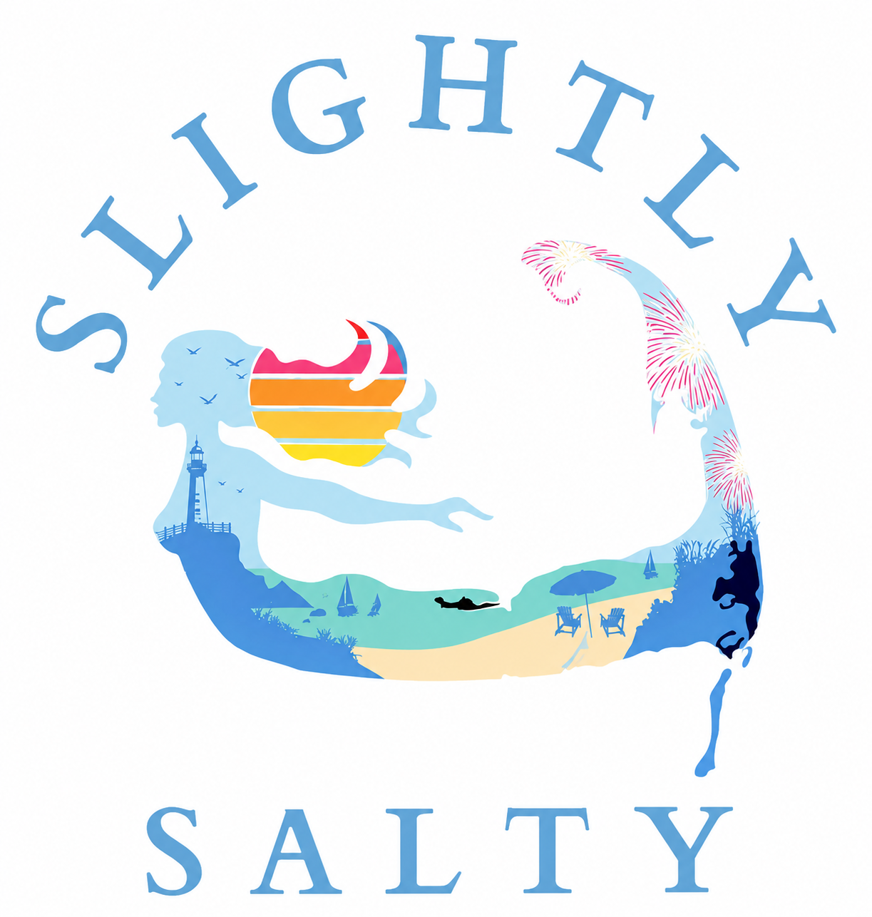 A graphic design for Salty, featuring a silhouette of a woman with ocean scenes inside her outline, a lighthouse, sailboats, and a beach with two chairs, an umbrella, fireworks, and the word 'Salty' at the bottom.