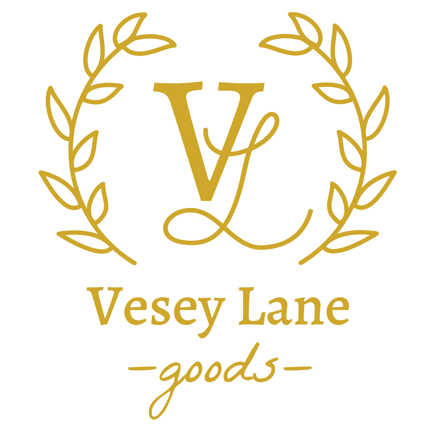 Gold logo with intertwined letters V and L inside a laurel wreath, and the text 'Vesey Lane goods' below.
