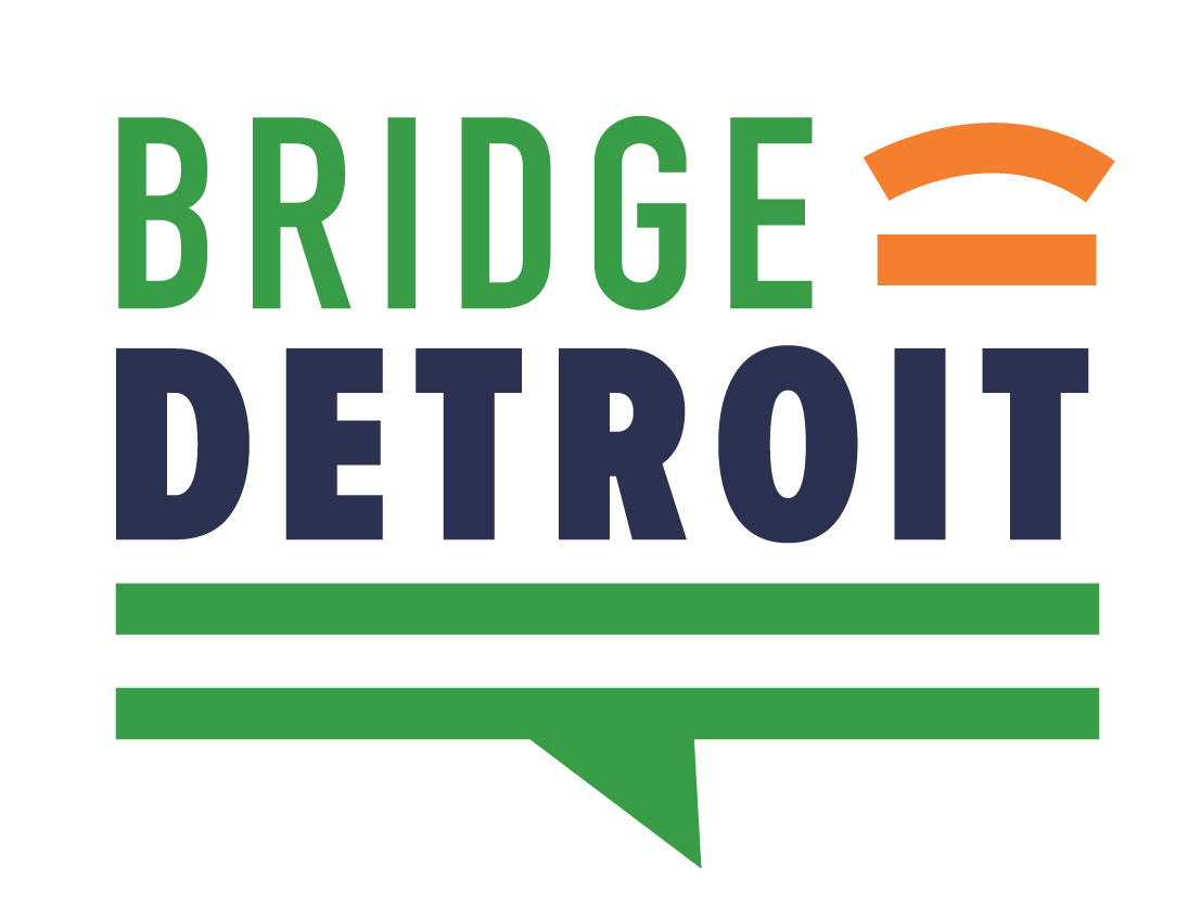 Logo with the words "Bridge Detroit" in green and navy blue, with an orange bridge graphic above the text and green lines below, all within a green speech bubble.