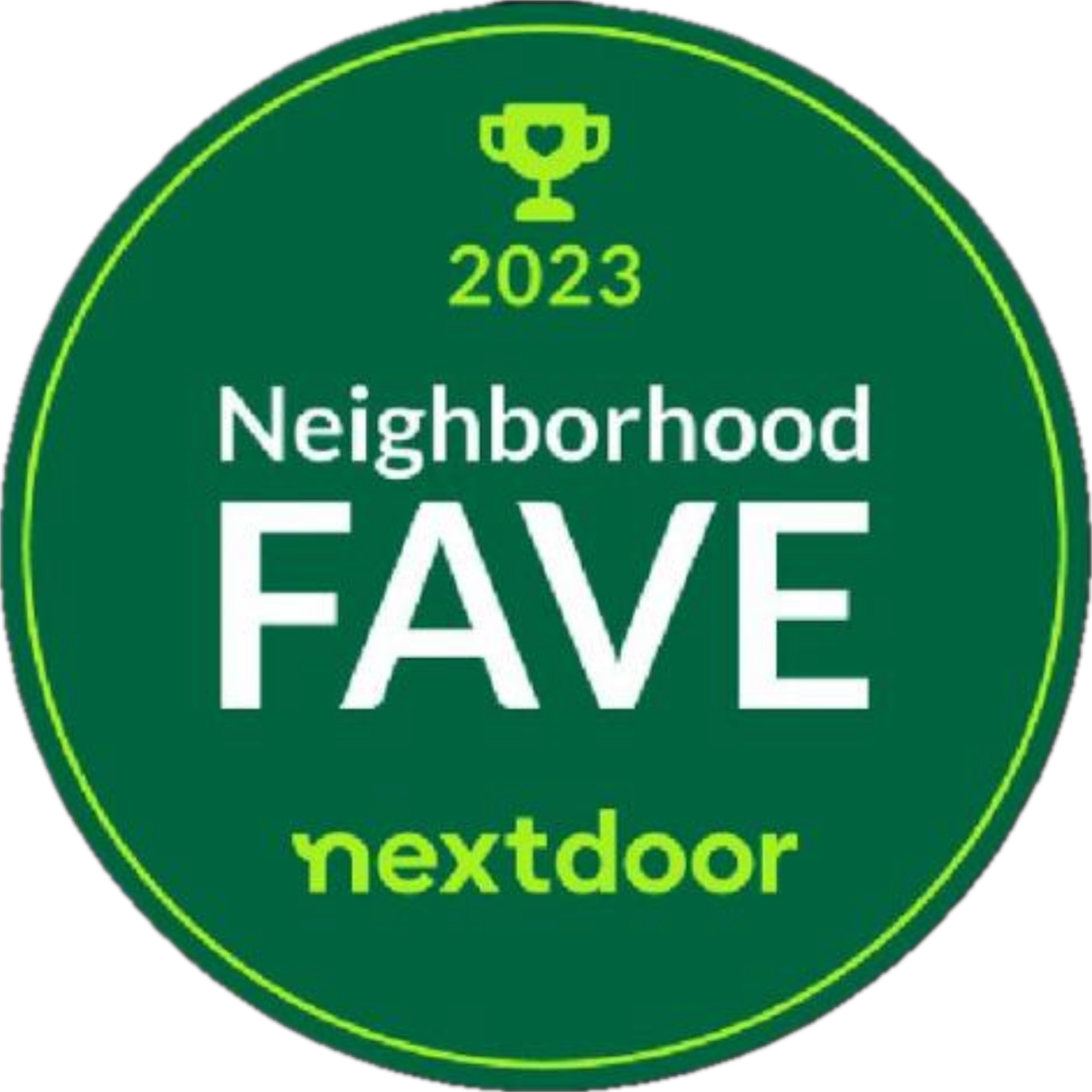 Green circular badge with a small trophy icon and the text "2023 Neighborhood FAVE nextdoor."