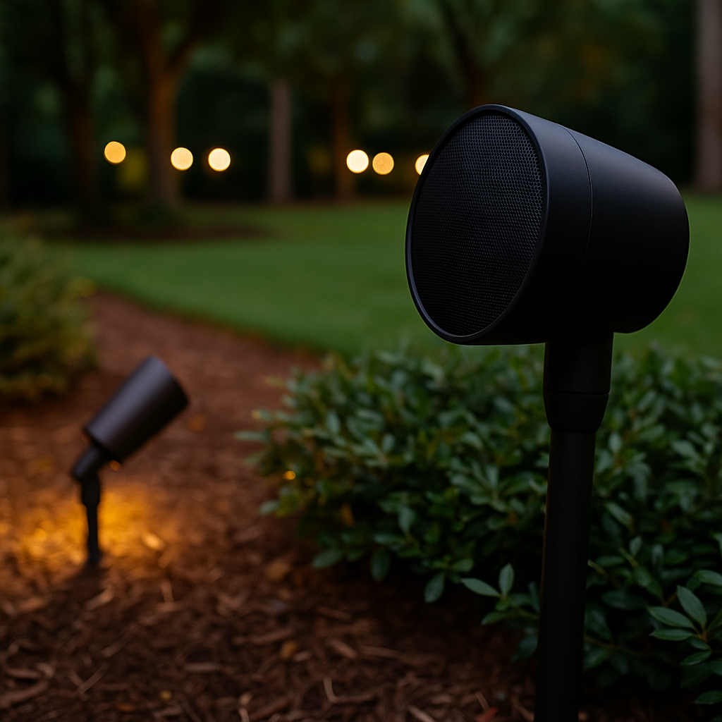 Outdoor landscape with a black speaker and smaller landscape light in a garden with bushes and trees at dusk.