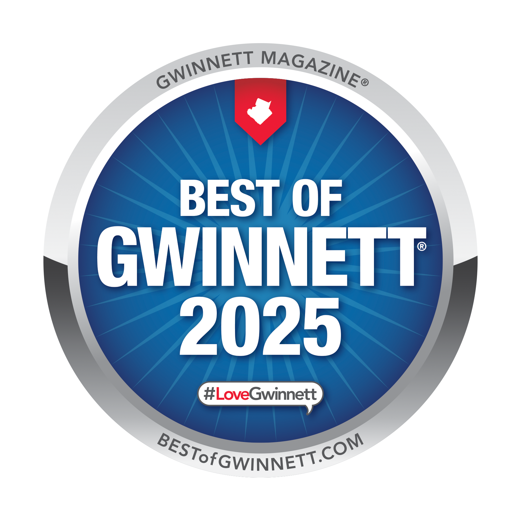 A circular badge with a blue and gray color scheme. The badge reads "Best of Gwinnett 2025" in the center, with a small icon of the state of Georgia above. The text "Gwinnett Magazine" is at the top and the website "BestoFGwinnett.com" is at the bottom. There is a hashtag #LoveGwinnett at the bottom of the badge.