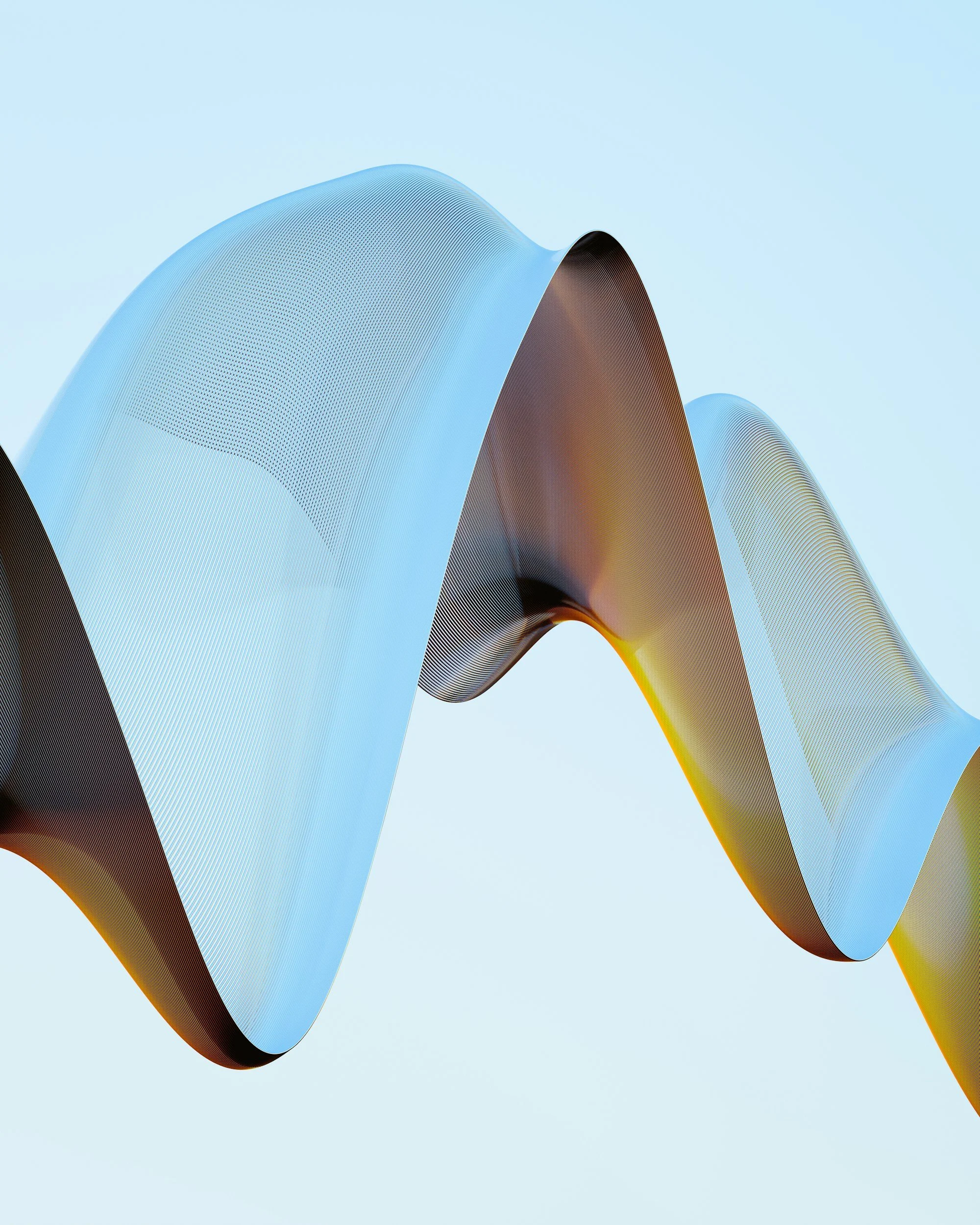 Abstract digital art featuring intertwined, flowing ribbons in shades of blue, brown, and black against a light blue background.