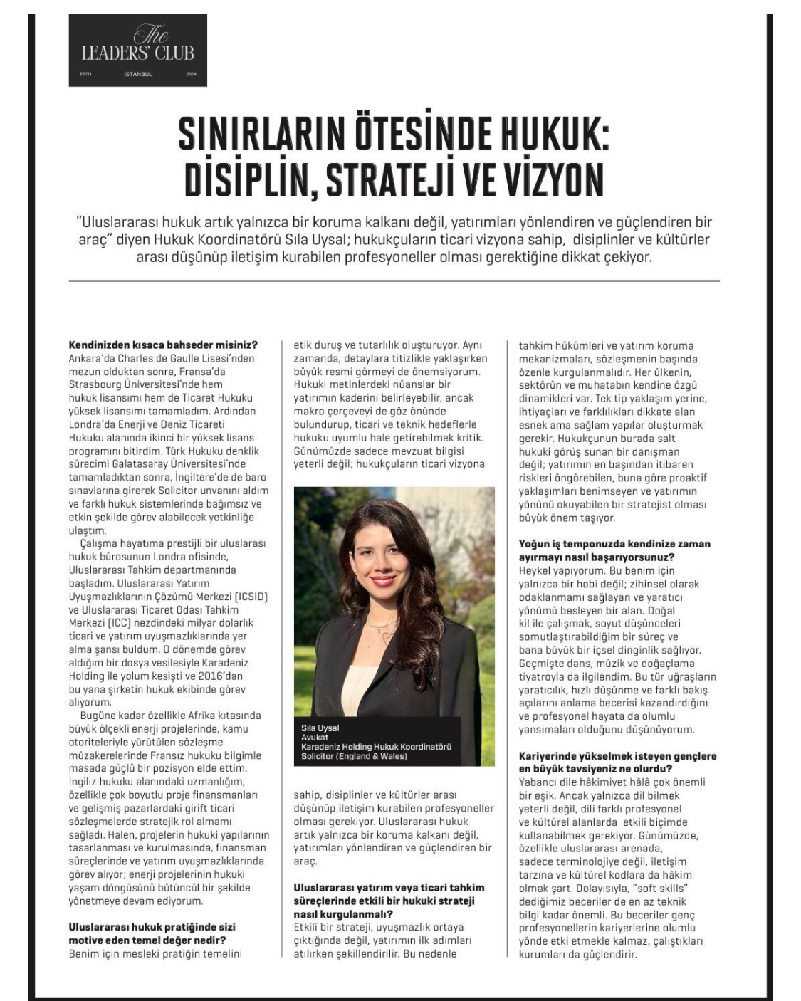 A Fortune amagazine article titled 'Law Beyond Borders: Discipline, Strategy, and Vision' in Turkish, featuring a photo of Sıla Uysal, a Turkish, English and French lawyer, and sections of text discussing international law, strategy, and advice.
