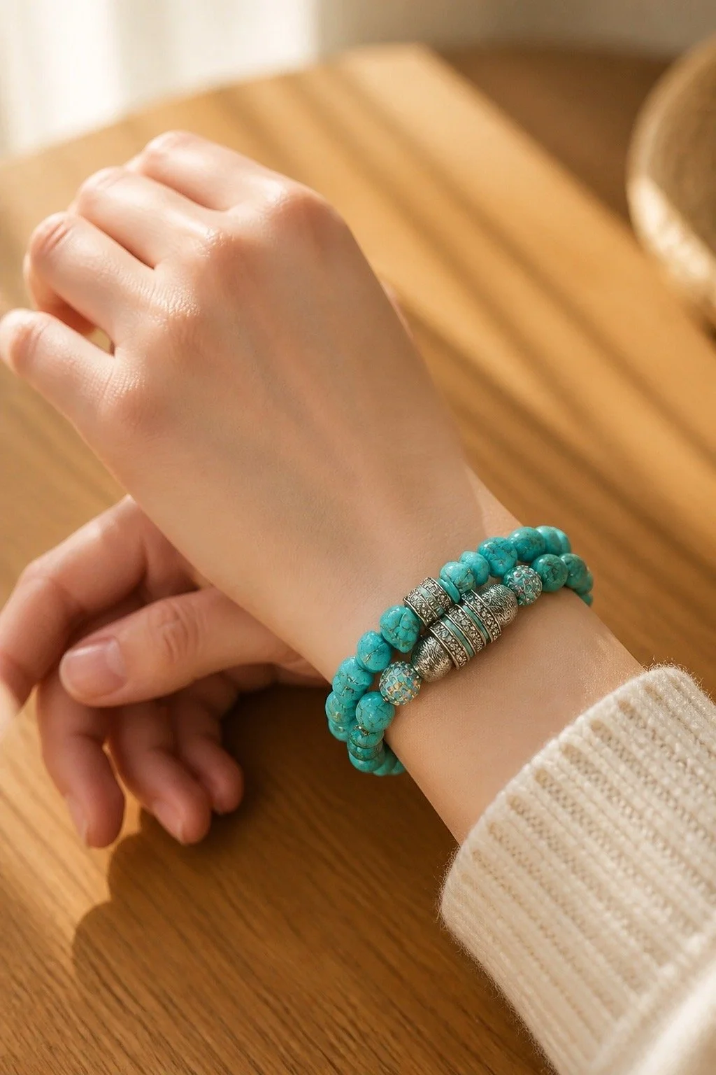 Turquoise and Silver Rhineston Beaded Bracelet on Model.JPG