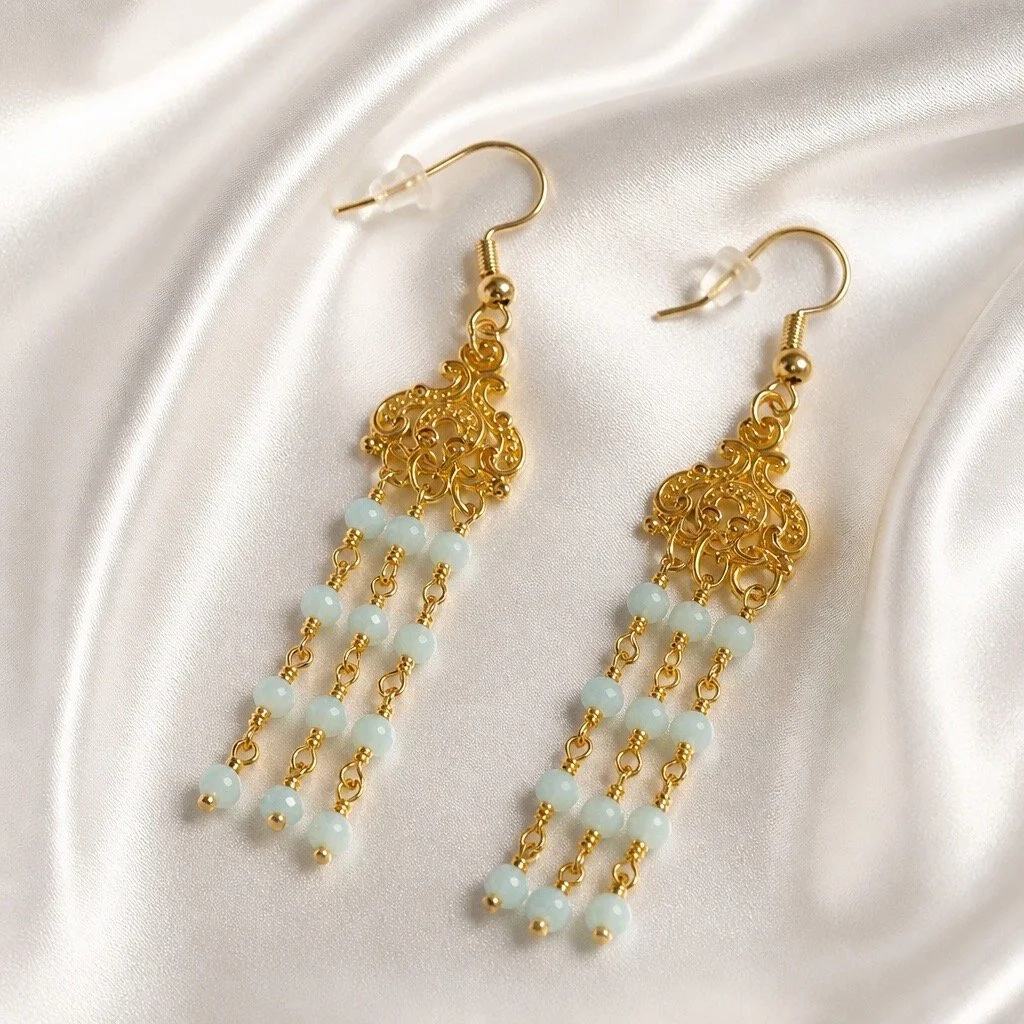 Turquoise Dandling Earring on While Slik Background.JPG