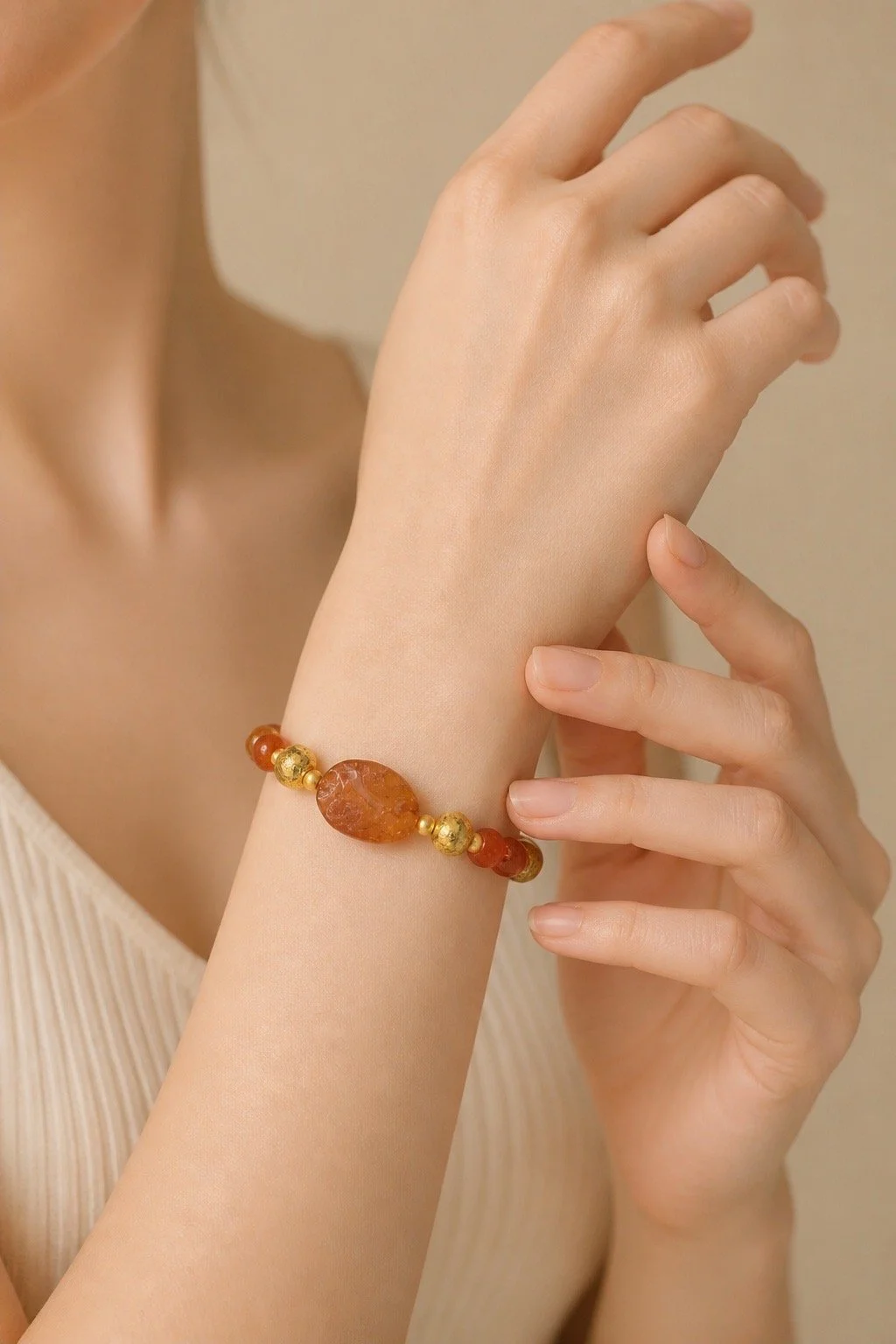 Orange and Gold Round Connector Bracelet on Model.JPG