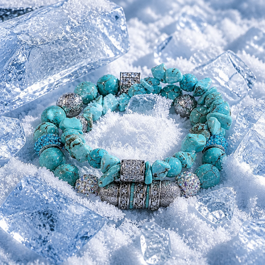 Turquoise and Silver Rhineston Beaded Brracelet on Snow Backdrop.PNG