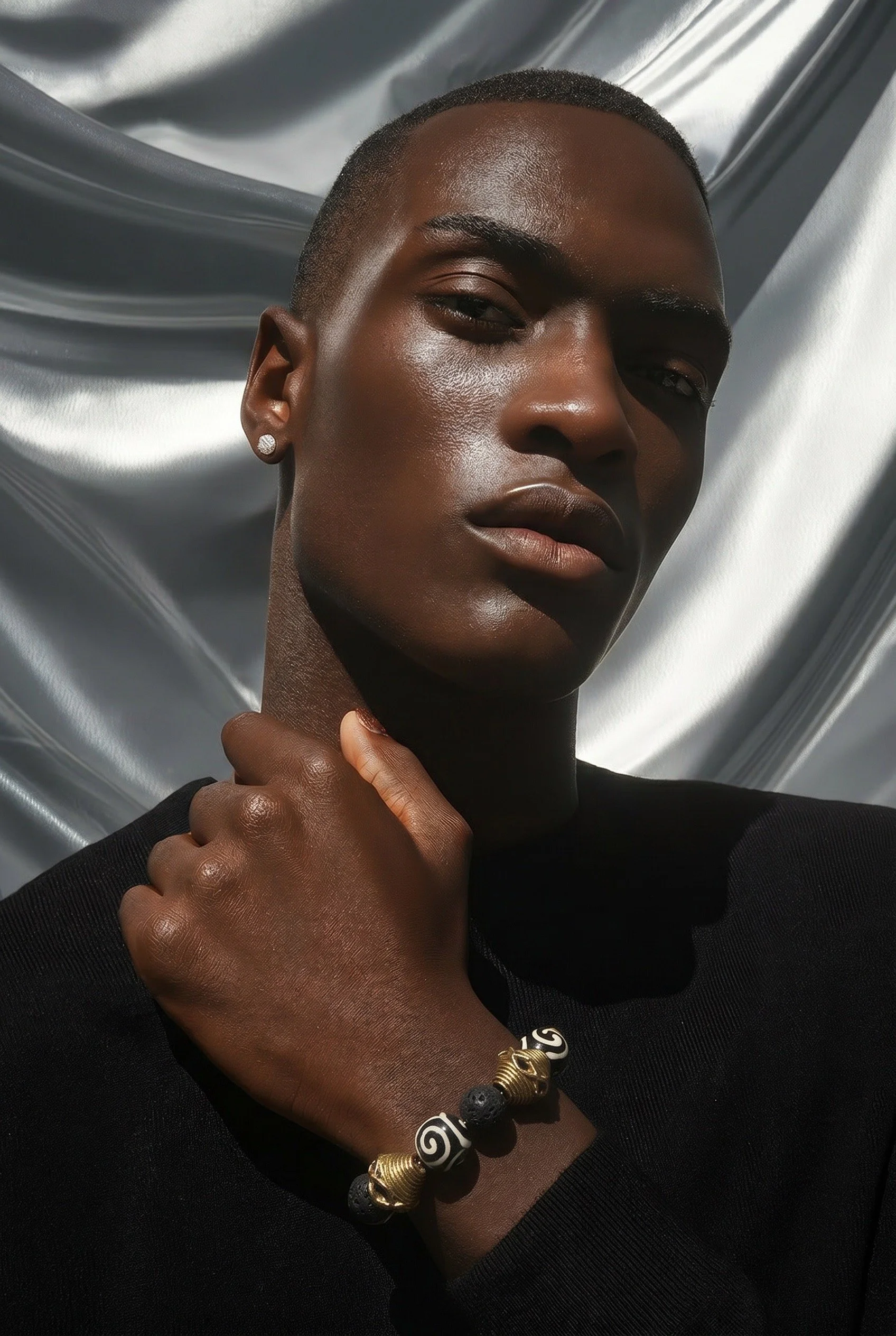 Mens Gold and Black African Influenced Bracelet on Model.JPG