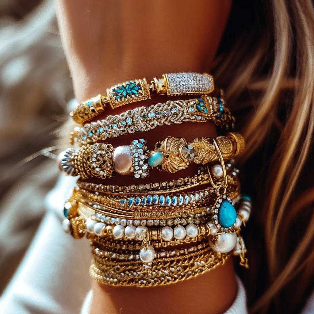 Multiple gold and silver bracelets with turquoise, pearl, and diamond accents stacked on a wrist.