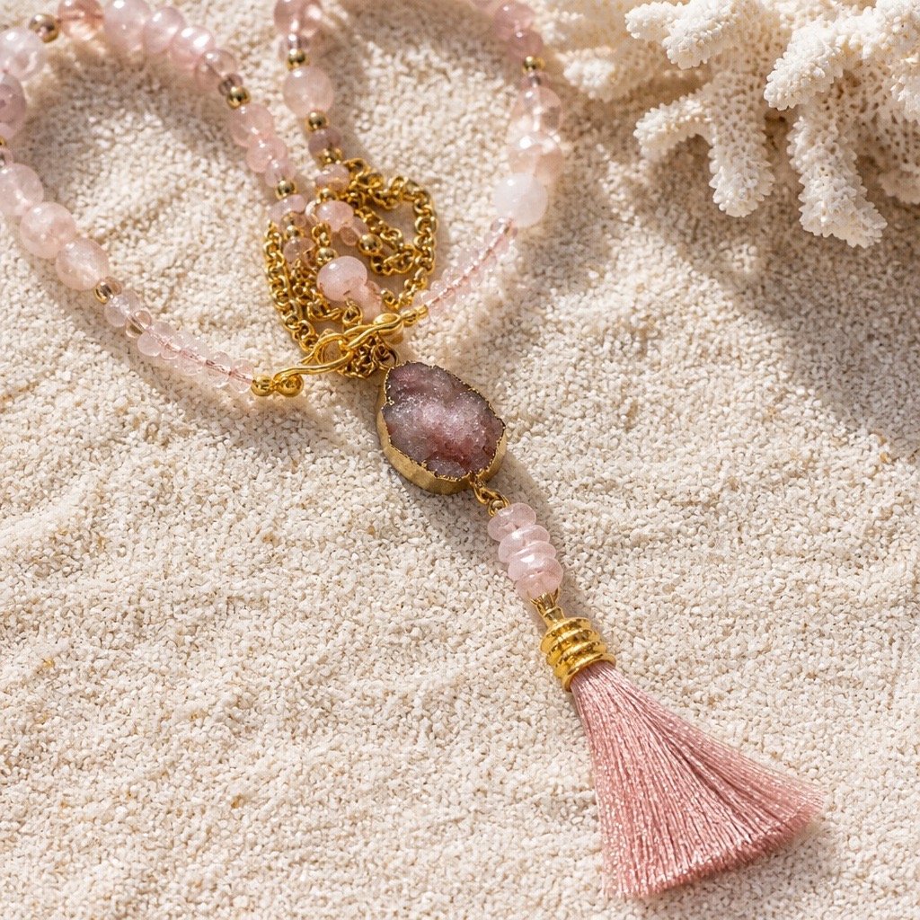 Pink Crystal Necklace With Tassel with Sand Backdrop.JPG