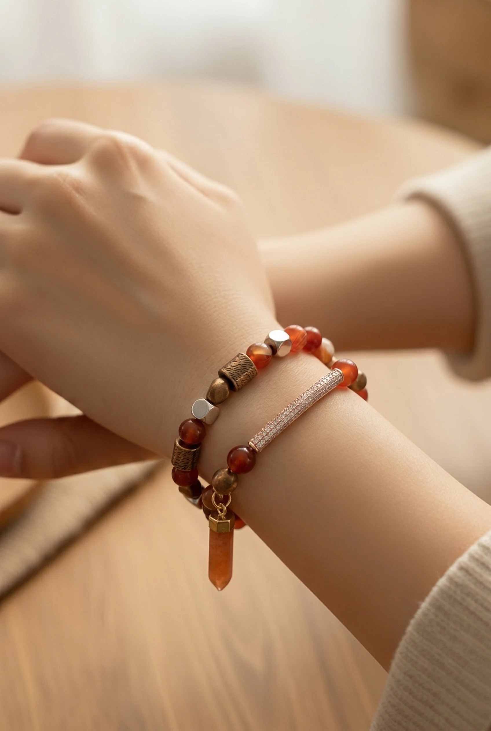 Orange and Brass Rhinestone Bracelets on Model.JPG