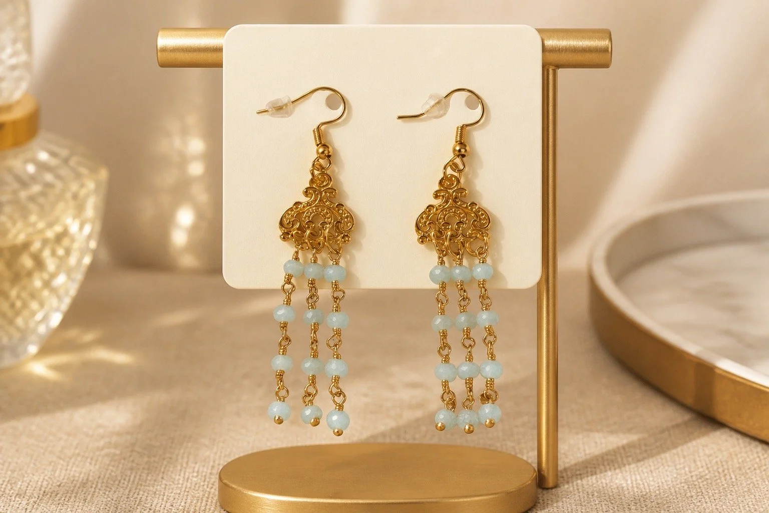 Gold and Blue Beaded Chandelier Earrings