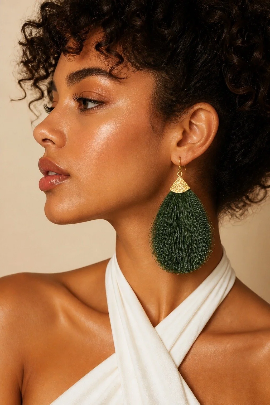 Grenn Tassel Earrings on Model 1.JPG