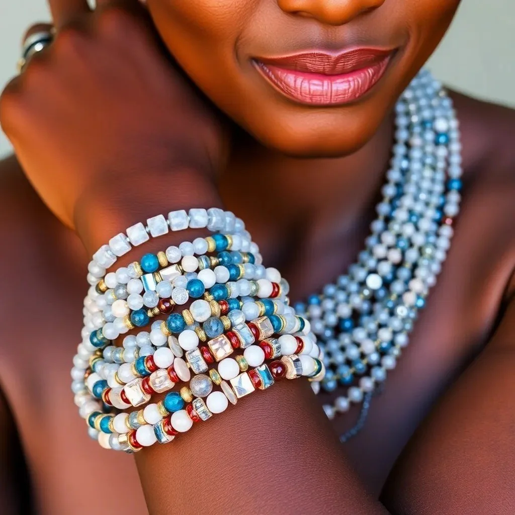 Close-up of a woman with dark skin, wearing multiple colorful beaded bracelets and layered necklaces, smiling gently.