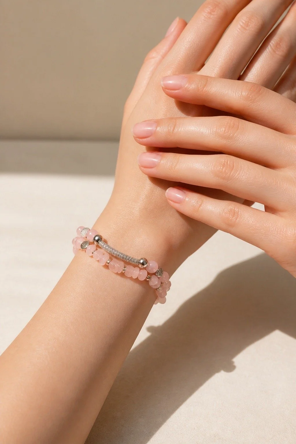 Rose Quartz Bracelet on Model.JPG